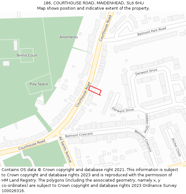 186, COURTHOUSE ROAD, MAIDENHEAD, SL6 6HU: Location map and indicative extent of plot