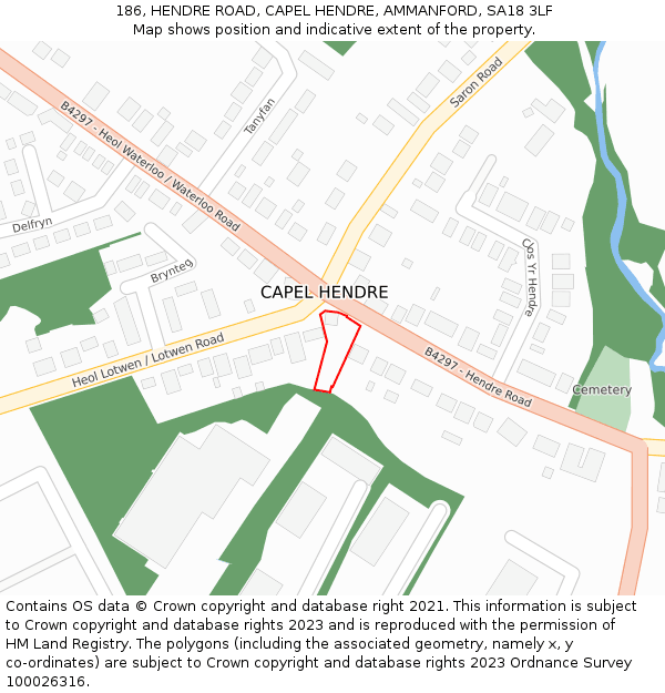 186, HENDRE ROAD, CAPEL HENDRE, AMMANFORD, SA18 3LF: Location map and indicative extent of plot