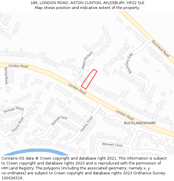 186, LONDON ROAD, ASTON CLINTON, AYLESBURY, HP22 5LE: Location map and indicative extent of plot