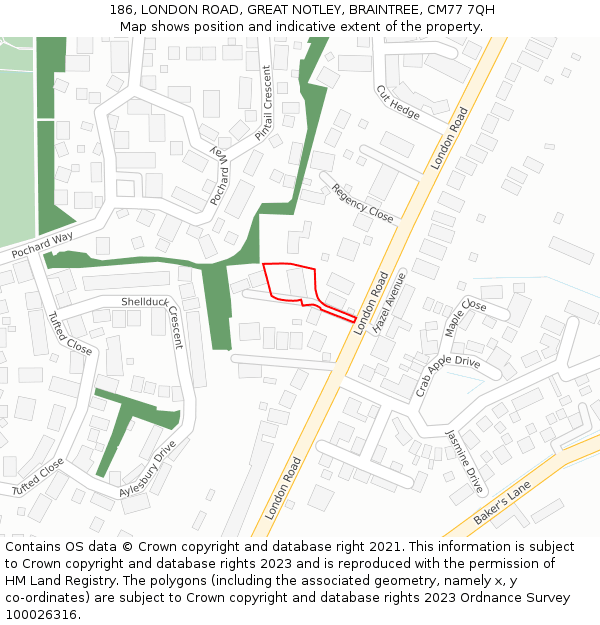 186, LONDON ROAD, GREAT NOTLEY, BRAINTREE, CM77 7QH: Location map and indicative extent of plot