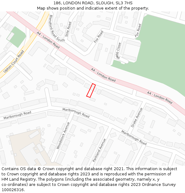 186, LONDON ROAD, SLOUGH, SL3 7HS: Location map and indicative extent of plot