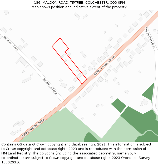 186, MALDON ROAD, TIPTREE, COLCHESTER, CO5 0PN: Location map and indicative extent of plot