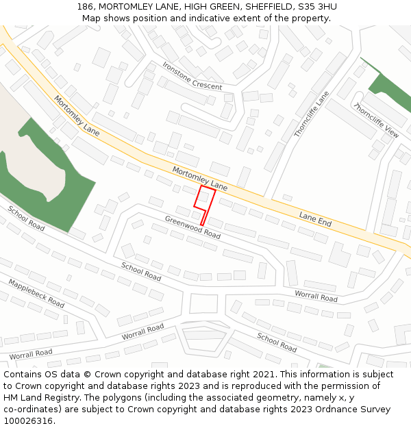 186, MORTOMLEY LANE, HIGH GREEN, SHEFFIELD, S35 3HU: Location map and indicative extent of plot