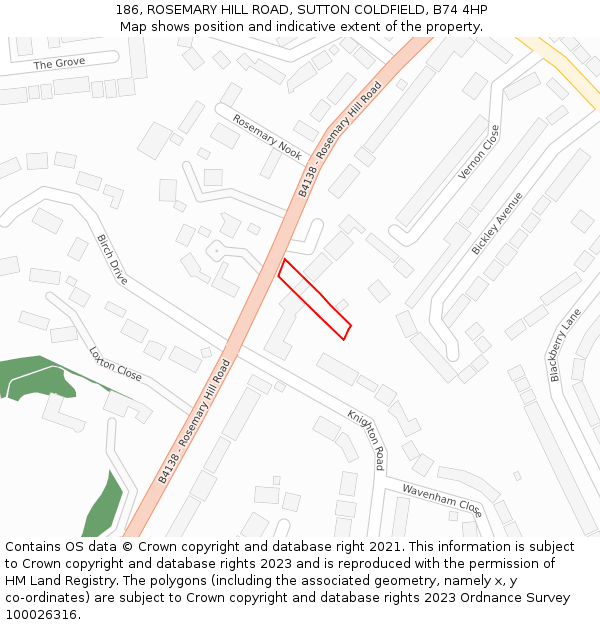 186, ROSEMARY HILL ROAD, SUTTON COLDFIELD, B74 4HP: Location map and indicative extent of plot