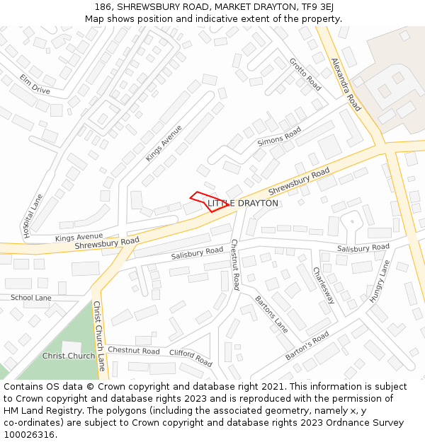 186, SHREWSBURY ROAD, MARKET DRAYTON, TF9 3EJ: Location map and indicative extent of plot