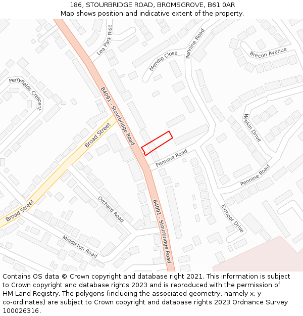 186, STOURBRIDGE ROAD, BROMSGROVE, B61 0AR: Location map and indicative extent of plot