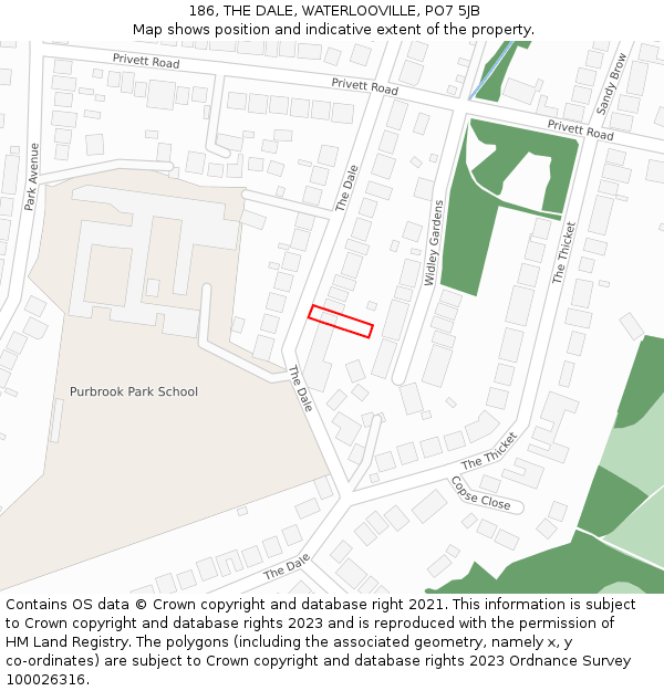 186, THE DALE, WATERLOOVILLE, PO7 5JB: Location map and indicative extent of plot