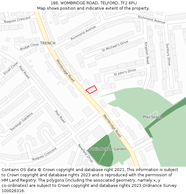 186, WOMBRIDGE ROAD, TELFORD, TF2 6PU: Location map and indicative extent of plot