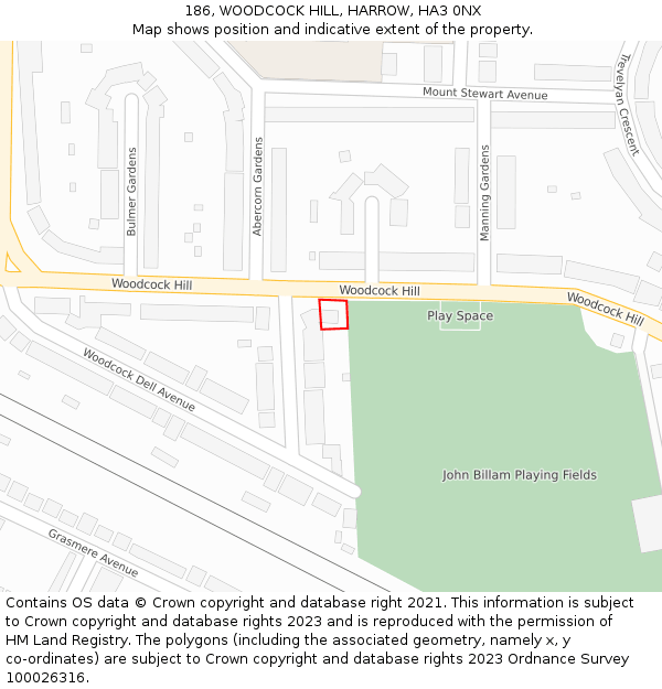 186, WOODCOCK HILL, HARROW, HA3 0NX: Location map and indicative extent of plot