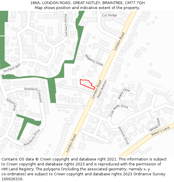 186A, LONDON ROAD, GREAT NOTLEY, BRAINTREE, CM77 7QH: Location map and indicative extent of plot