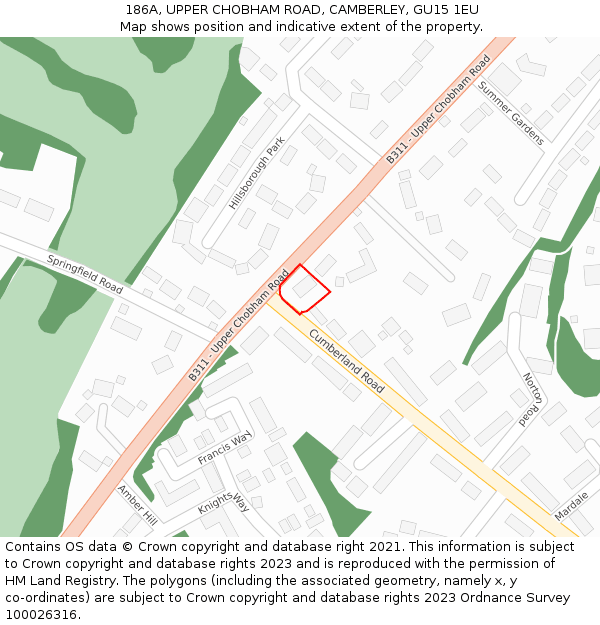186A, UPPER CHOBHAM ROAD, CAMBERLEY, GU15 1EU: Location map and indicative extent of plot