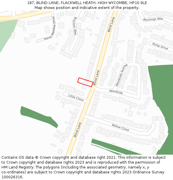 187, BLIND LANE, FLACKWELL HEATH, HIGH WYCOMBE, HP10 9LE: Location map and indicative extent of plot