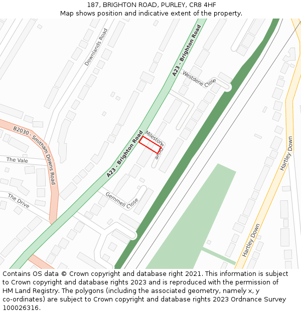 187, BRIGHTON ROAD, PURLEY, CR8 4HF: Location map and indicative extent of plot