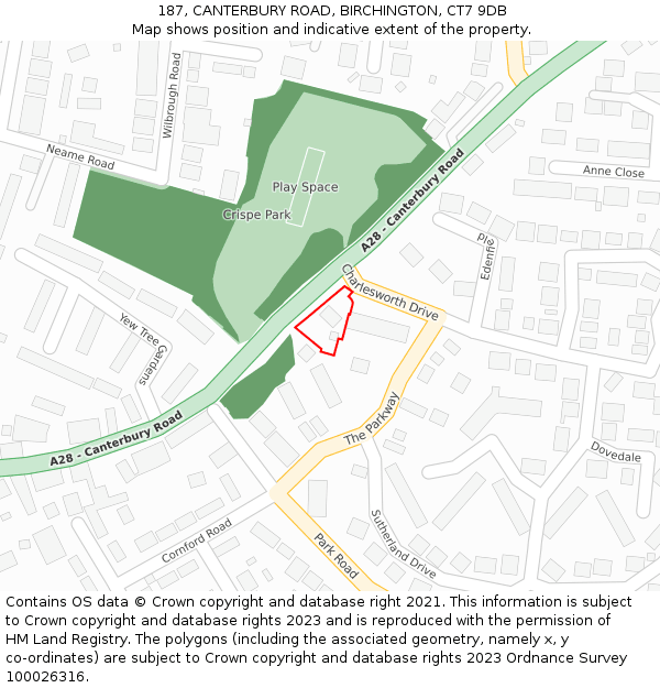 187, CANTERBURY ROAD, BIRCHINGTON, CT7 9DB: Location map and indicative extent of plot