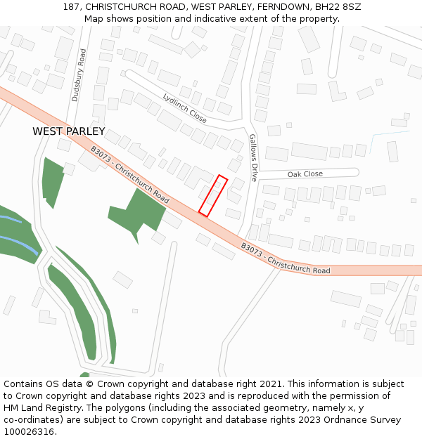 187, CHRISTCHURCH ROAD, WEST PARLEY, FERNDOWN, BH22 8SZ: Location map and indicative extent of plot