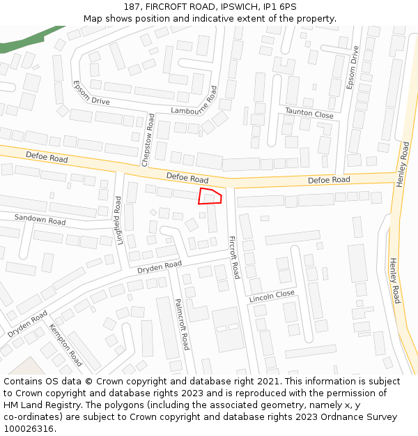 187, FIRCROFT ROAD, IPSWICH, IP1 6PS: Location map and indicative extent of plot