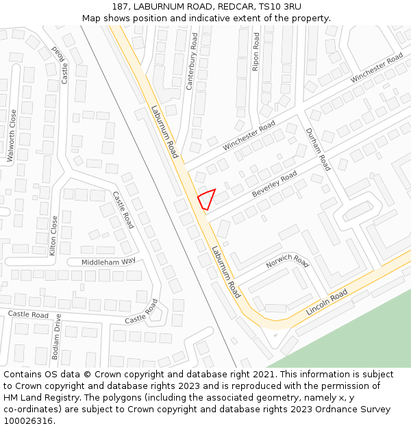 187, LABURNUM ROAD, REDCAR, TS10 3RU: Location map and indicative extent of plot