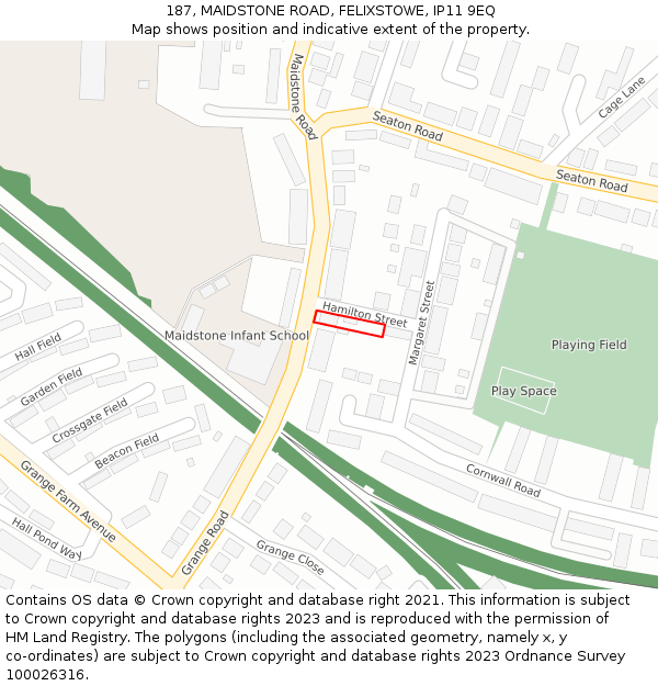 187, MAIDSTONE ROAD, FELIXSTOWE, IP11 9EQ: Location map and indicative extent of plot