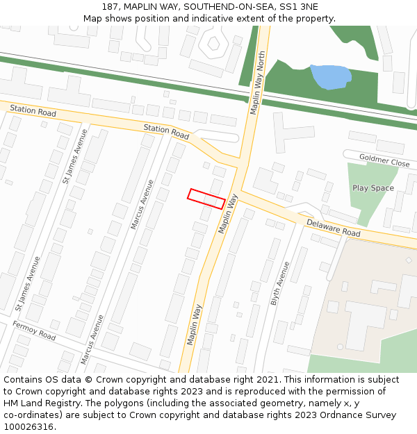187, MAPLIN WAY, SOUTHEND-ON-SEA, SS1 3NE: Location map and indicative extent of plot
