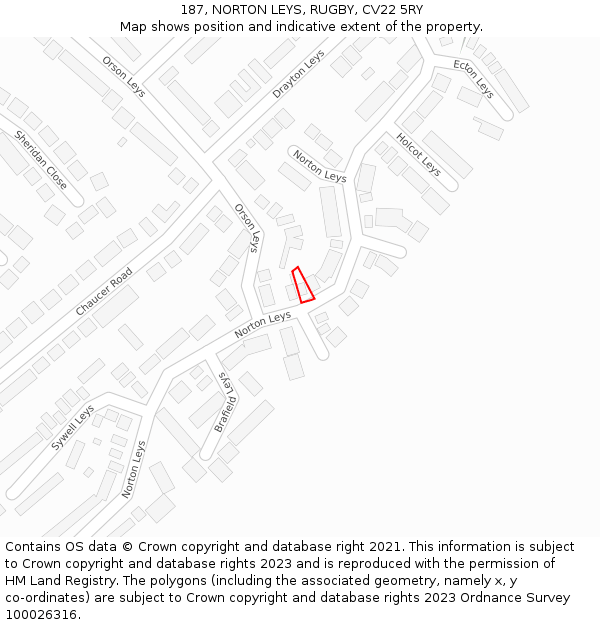 187, NORTON LEYS, RUGBY, CV22 5RY: Location map and indicative extent of plot