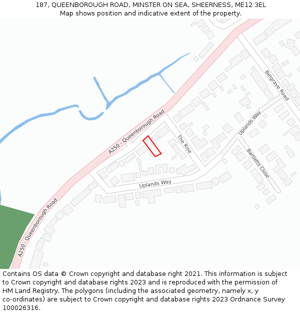 187, QUEENBOROUGH ROAD, MINSTER ON SEA, SHEERNESS, ME12 3EL: Location map and indicative extent of plot