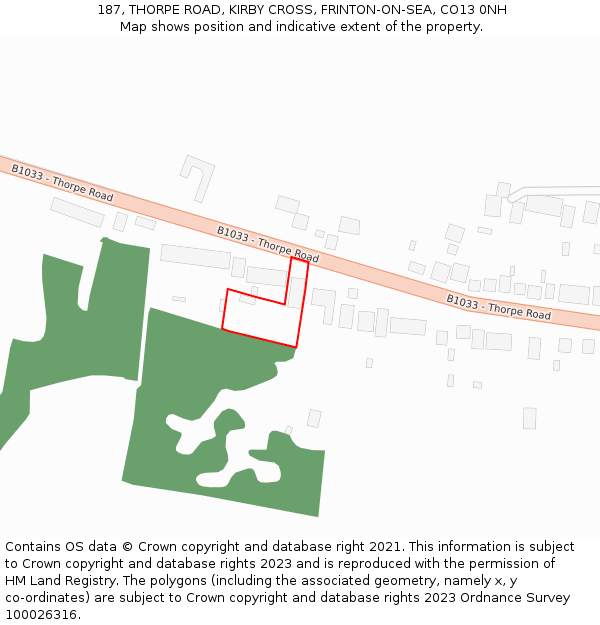 187, THORPE ROAD, KIRBY CROSS, FRINTON-ON-SEA, CO13 0NH: Location map and indicative extent of plot