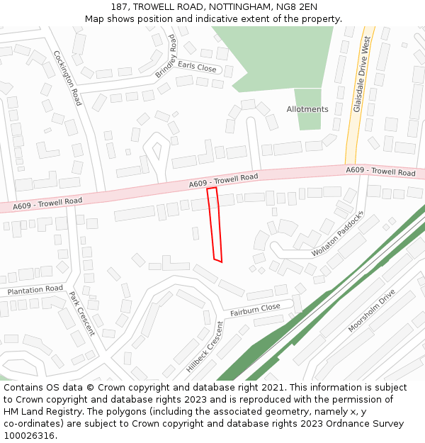 187, TROWELL ROAD, NOTTINGHAM, NG8 2EN: Location map and indicative extent of plot