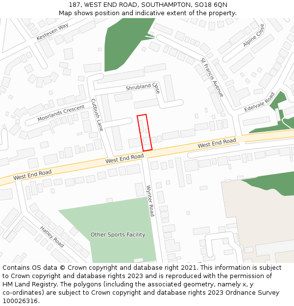 187, WEST END ROAD, SOUTHAMPTON, SO18 6QN: Location map and indicative extent of plot