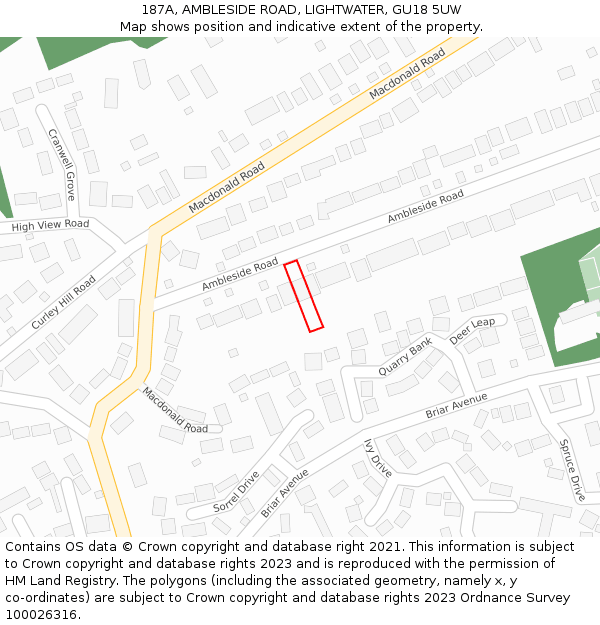 187A, AMBLESIDE ROAD, LIGHTWATER, GU18 5UW: Location map and indicative extent of plot