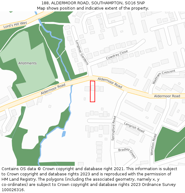 188, ALDERMOOR ROAD, SOUTHAMPTON, SO16 5NP: Location map and indicative extent of plot