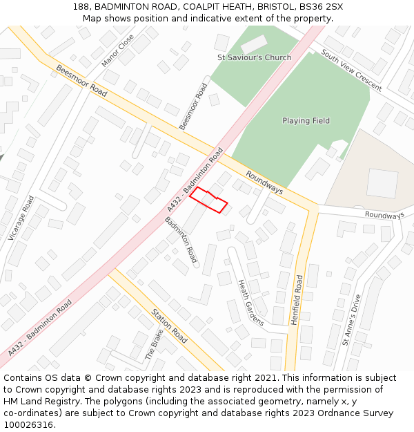 188, BADMINTON ROAD, COALPIT HEATH, BRISTOL, BS36 2SX: Location map and indicative extent of plot