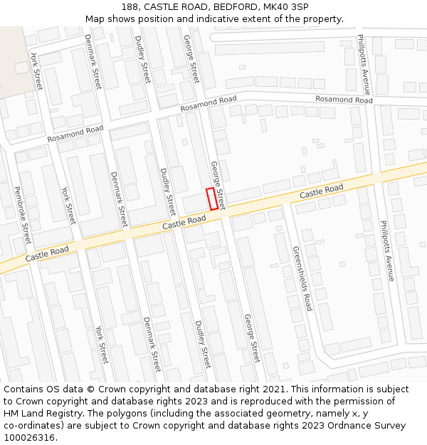 188, CASTLE ROAD, BEDFORD, MK40 3SP: Location map and indicative extent of plot