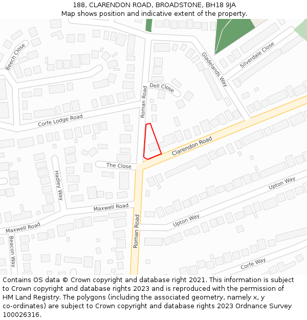 188, CLARENDON ROAD, BROADSTONE, BH18 9JA: Location map and indicative extent of plot