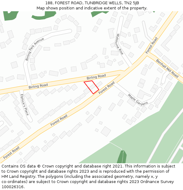 188, FOREST ROAD, TUNBRIDGE WELLS, TN2 5JB: Location map and indicative extent of plot