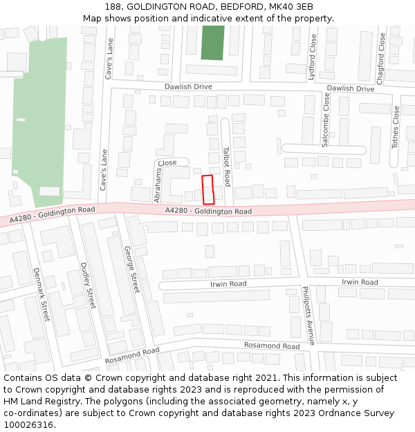 188, GOLDINGTON ROAD, BEDFORD, MK40 3EB: Location map and indicative extent of plot