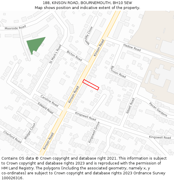 188, KINSON ROAD, BOURNEMOUTH, BH10 5EW: Location map and indicative extent of plot