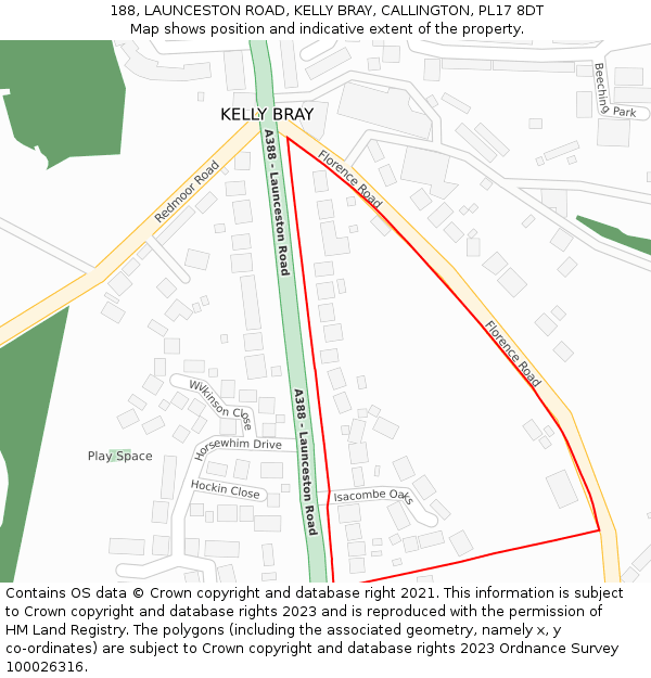 188, LAUNCESTON ROAD, KELLY BRAY, CALLINGTON, PL17 8DT: Location map and indicative extent of plot