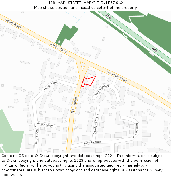 188, MAIN STREET, MARKFIELD, LE67 9UX: Location map and indicative extent of plot