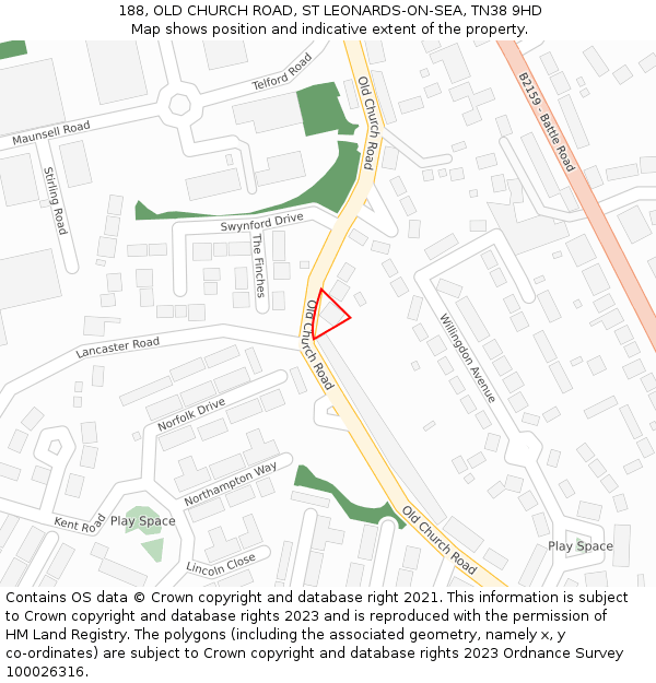 188, OLD CHURCH ROAD, ST LEONARDS-ON-SEA, TN38 9HD: Location map and indicative extent of plot