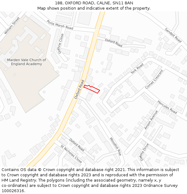 188, OXFORD ROAD, CALNE, SN11 8AN: Location map and indicative extent of plot