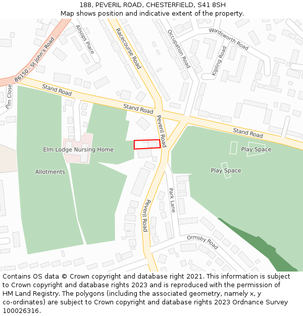 188, PEVERIL ROAD, CHESTERFIELD, S41 8SH: Location map and indicative extent of plot