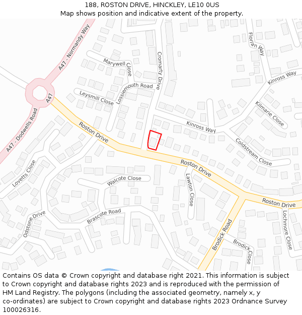 188, ROSTON DRIVE, HINCKLEY, LE10 0US: Location map and indicative extent of plot