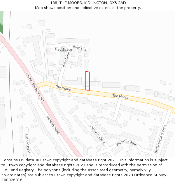 188, THE MOORS, KIDLINGTON, OX5 2AD: Location map and indicative extent of plot