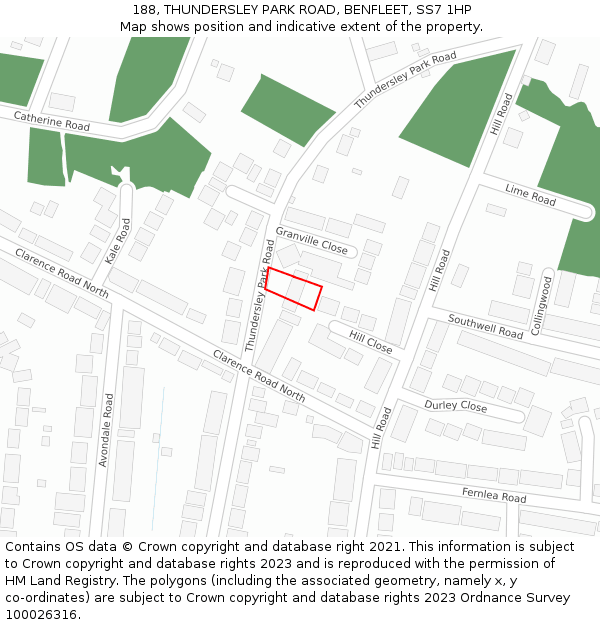 188, THUNDERSLEY PARK ROAD, BENFLEET, SS7 1HP: Location map and indicative extent of plot