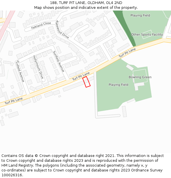 188, TURF PIT LANE, OLDHAM, OL4 2ND: Location map and indicative extent of plot