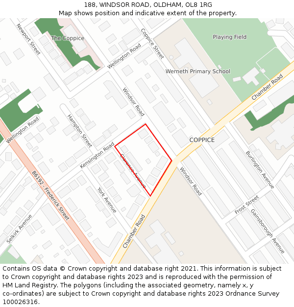 188, WINDSOR ROAD, OLDHAM, OL8 1RG: Location map and indicative extent of plot