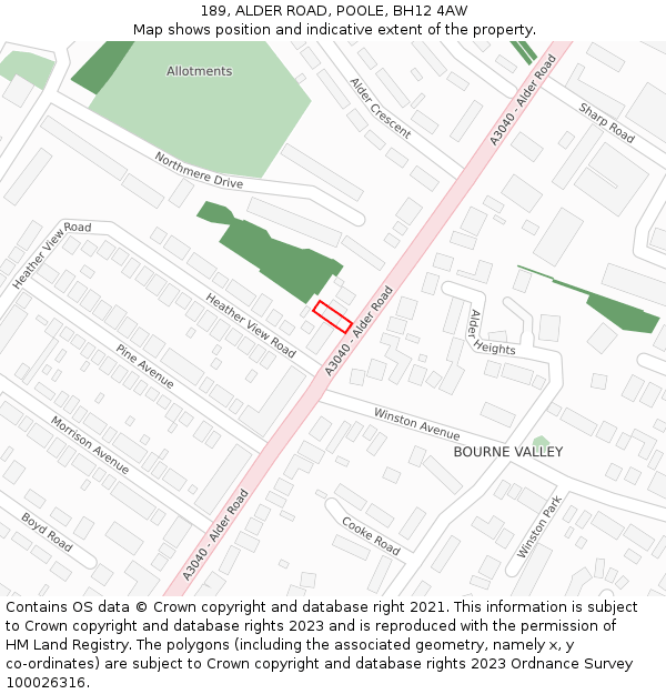 189, ALDER ROAD, POOLE, BH12 4AW: Location map and indicative extent of plot