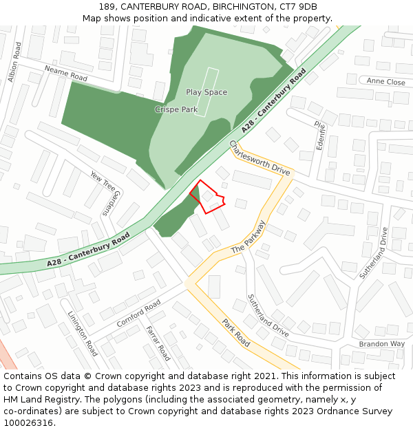 189, CANTERBURY ROAD, BIRCHINGTON, CT7 9DB: Location map and indicative extent of plot