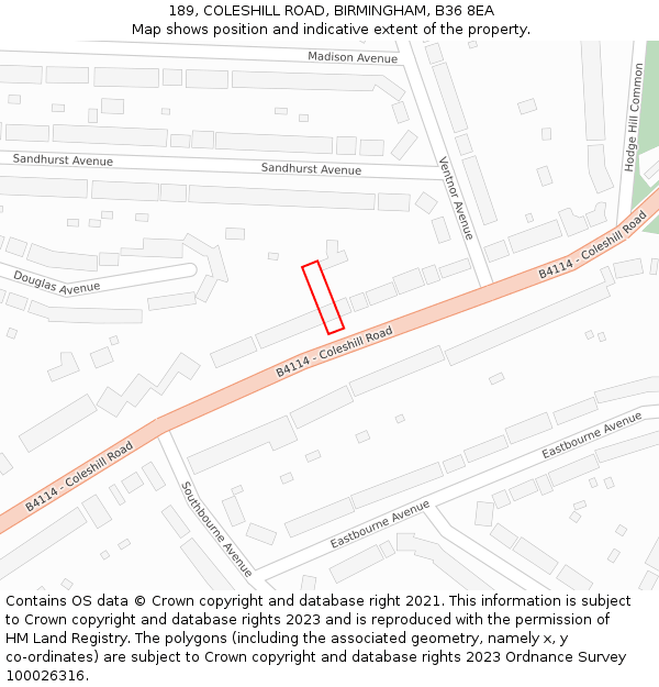 189, COLESHILL ROAD, BIRMINGHAM, B36 8EA: Location map and indicative extent of plot