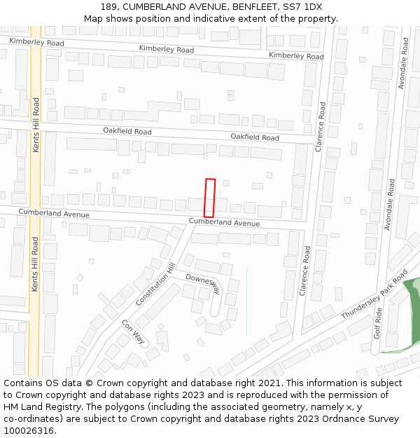 189, CUMBERLAND AVENUE, BENFLEET, SS7 1DX: Location map and indicative extent of plot